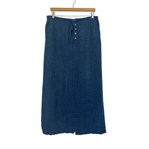 Vintage Eddie Bauer Y2K 100% Linen Denim Look Maxi Skirt 12 14T Navy Blue Boho